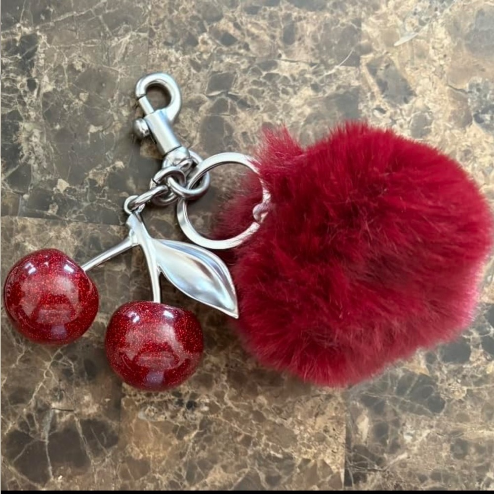 New Glittery Red Cherry Bag Charm w/ Silver-Toned Hardware & Large Pom Pom - Picture 4 of 6
